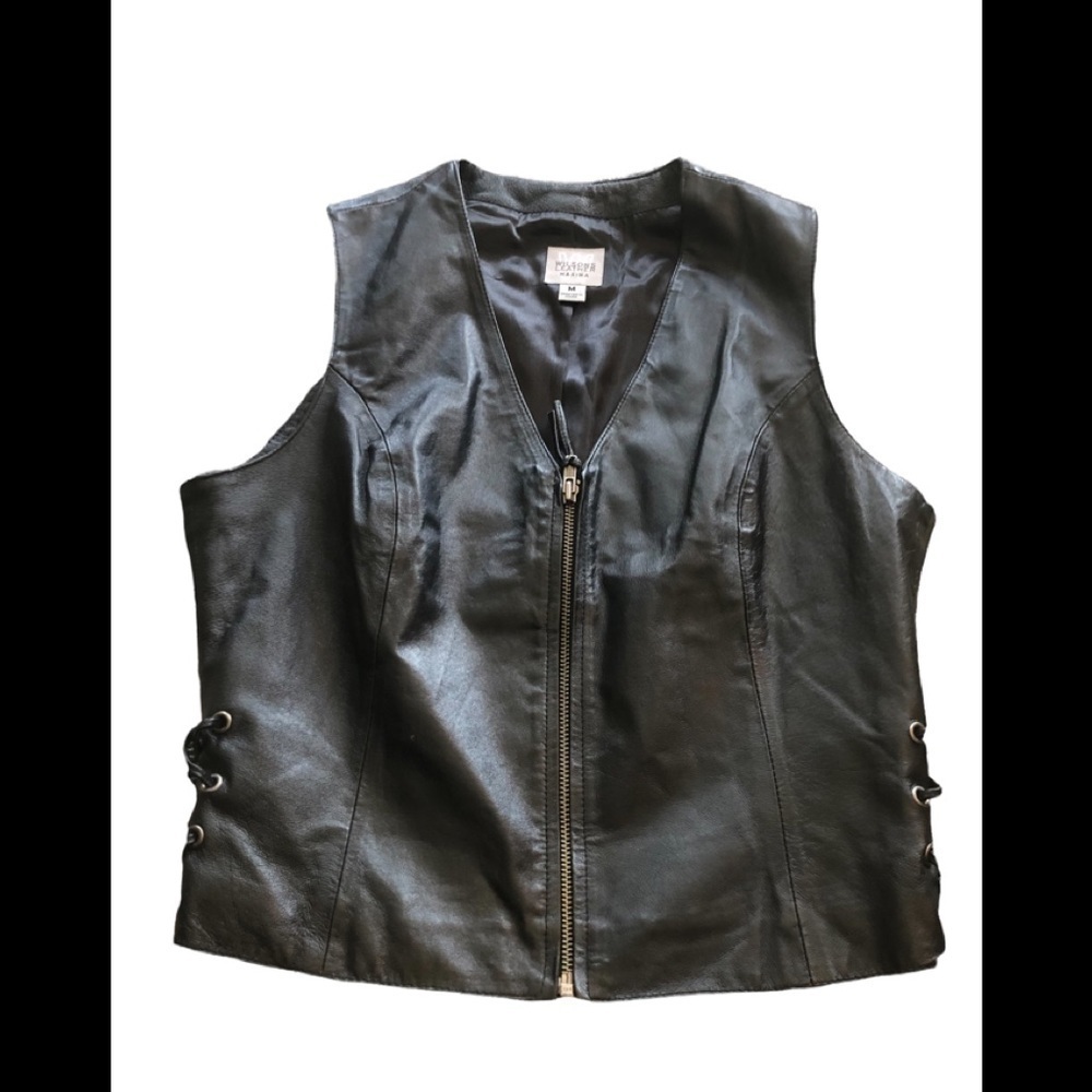 VTG Wilson Maxima Black Buttery Leather Vest M Full Zip Side Lace Up Festival